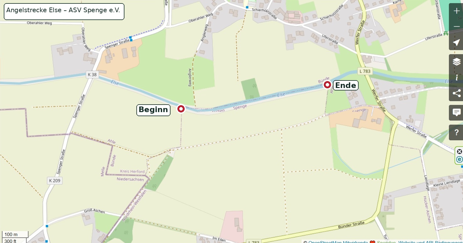 Kartenausschnitt der Else mit markiertem Beginn an der Spenger Straße und Ende an der Werther Straße